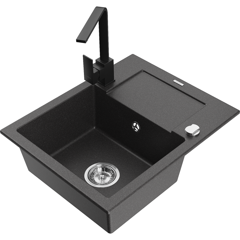 Mexen Enzo 1-Bowl Granite Kitchen Sink with Drainer and Rita Kitchen Tap, Black Speckled - 6506-76-670300-70