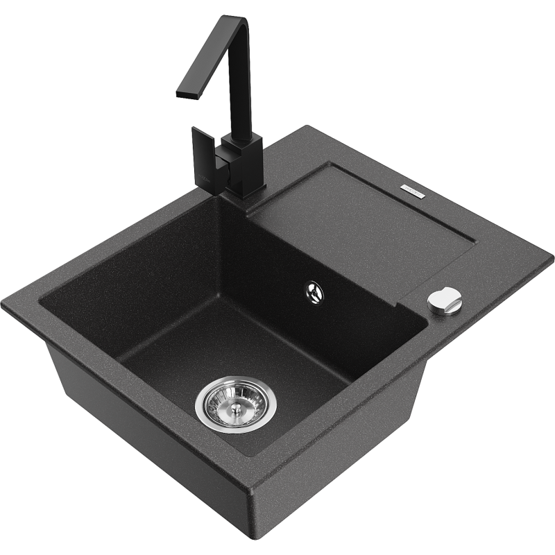Mexen Enzo 1-compartment granite sink with a drip tray and kitchen mixer tap Rita, spotted black - 6506-76-670300-70