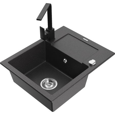 Mexen Enzo 1-Bowl Granite Kitchen Sink with Drainer and Rita Kitchen Tap, Black Speckled - 6506-76-670300-70