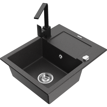 Mexen Enzo granite single-bowl sink with drainer and kitchen faucet Rita, black speckled - 6506-76-670300-70