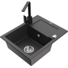 Mexen Enzo 1-bowl granite sink with drainer and kitchen faucet Rita, black speckled - 6506-76-670300-70