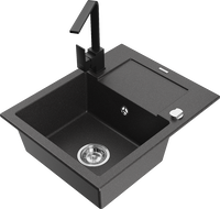 Mexen Enzo 1-bowl granite sink with drainer and kitchen faucet Rita, black speckled - 6506-76-670300-70