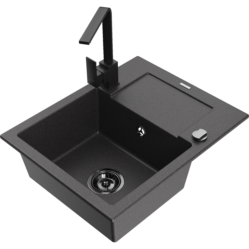 Mexen Enzo 1-compartment granite sink with a drip tray and kitchen mixer tap Rita, spotted black - 6506-76-670300-70-B