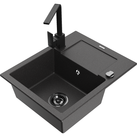 Mexen Enzo 1-bowl granite sink with drainer and kitchen faucet Rita, speckled black - 6506-76-670300-70-B