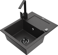 Mexen Enzo granite kitchen sink 1-bowl with drainer and kitchen faucet Rita, black speckled - 6506-76-670300-70-B