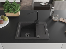 Mexen Enzo granite kitchen sink 1-bowl with drainer and kitchen faucet Rita, black speckled - 6506-76-670300-70-B