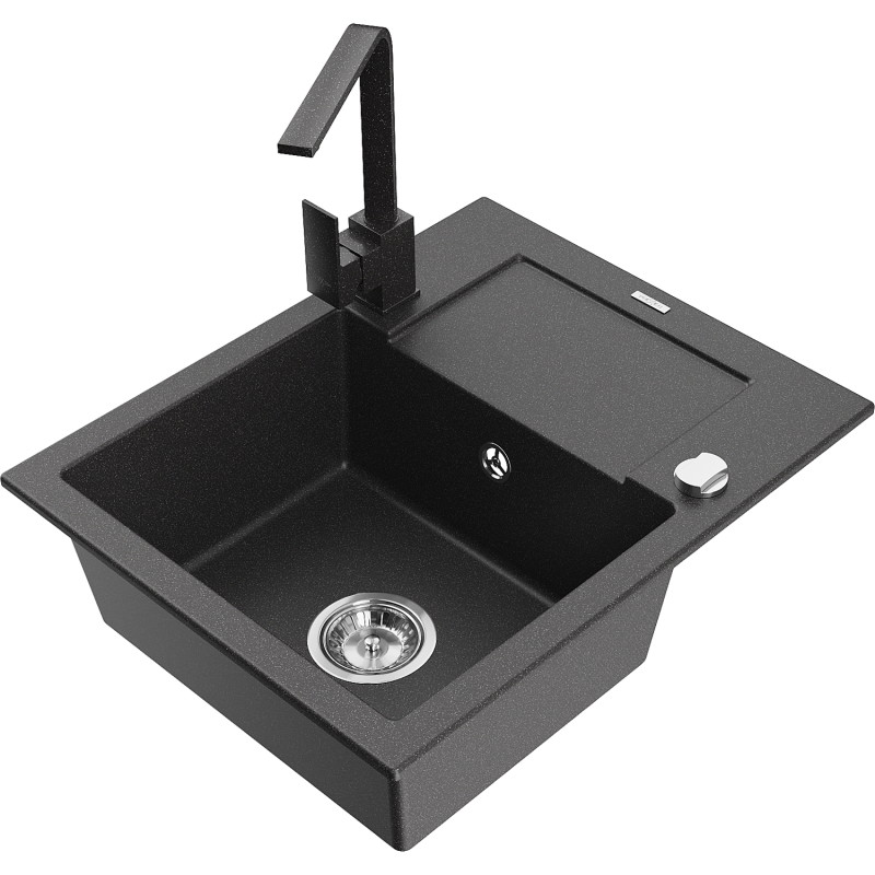 Mexen Enzo 1-bowl granite sink with drainer and kitchen faucet Rita, black speckled - 6506-76-670300-76