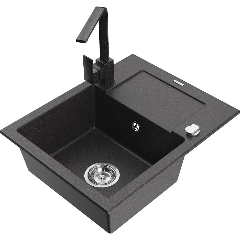 Mexen Enzo granite single-bowl sink with drainer and kitchen faucet Rita, black speckled - 6506-76-670300-76