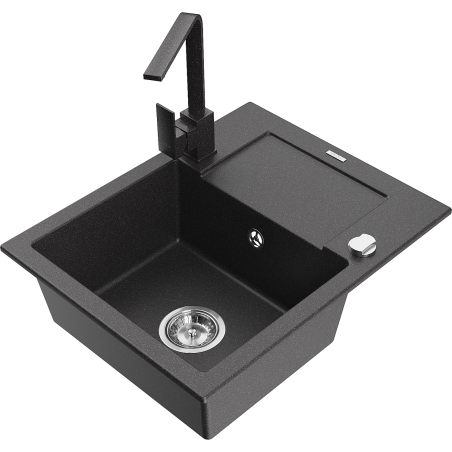 Mexen Enzo 1-bowl granite sink with drainer and kitchen faucet Rita, black speckled - 6506-76-670300-76