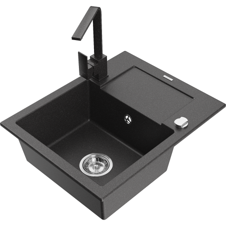 Mexen Enzo granite single-bowl sink with drainer and kitchen faucet Rita, black speckled - 6506-76-670300-76