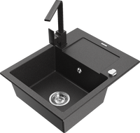 Mexen Enzo 1-compartment granite sink with a drip tray and kitchen mixer tap Rita, spotted black - 6506-76-670300-76