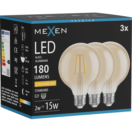 Mexen Vintis 3x LED Filament Bulb E27, G95, 2W, Warm - 2200K, 180 lm, amber - L157-E27-0222-50x03