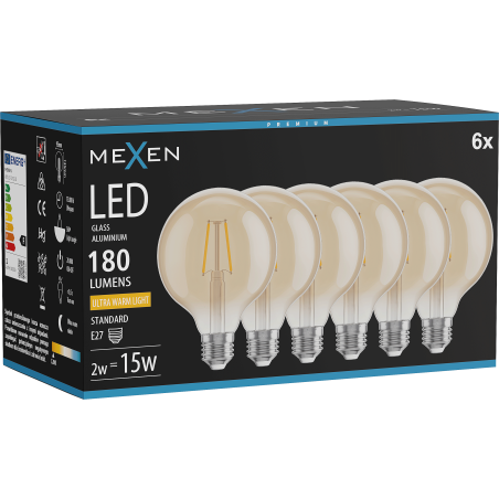 Mexen Vintis 6x LED Filament Bulb E27, G95, 2W, Warm - 2200K, 180 lm, amber - L157-E27-0222-50x06