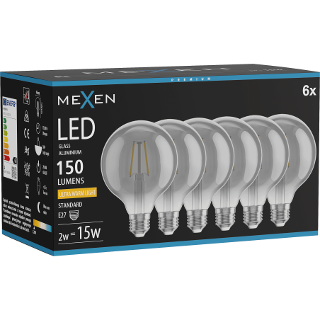 Mexen Vintis 6x LED Filament Bulb E27, G95, 2W, Warm - 2200K, 150 lm, smoke - L157-E27-0222-70x06