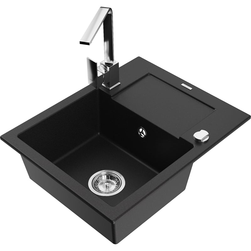 Mexen Enzo 1-bowl granite sink with drainer and Rita kitchen faucet, black - 6506-77-670300-00