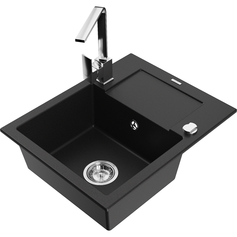 Mexen Enzo 1-compartment granite sink with a drip tray and kitchen mixer tap Rita, Black - 6506-77-670300-00