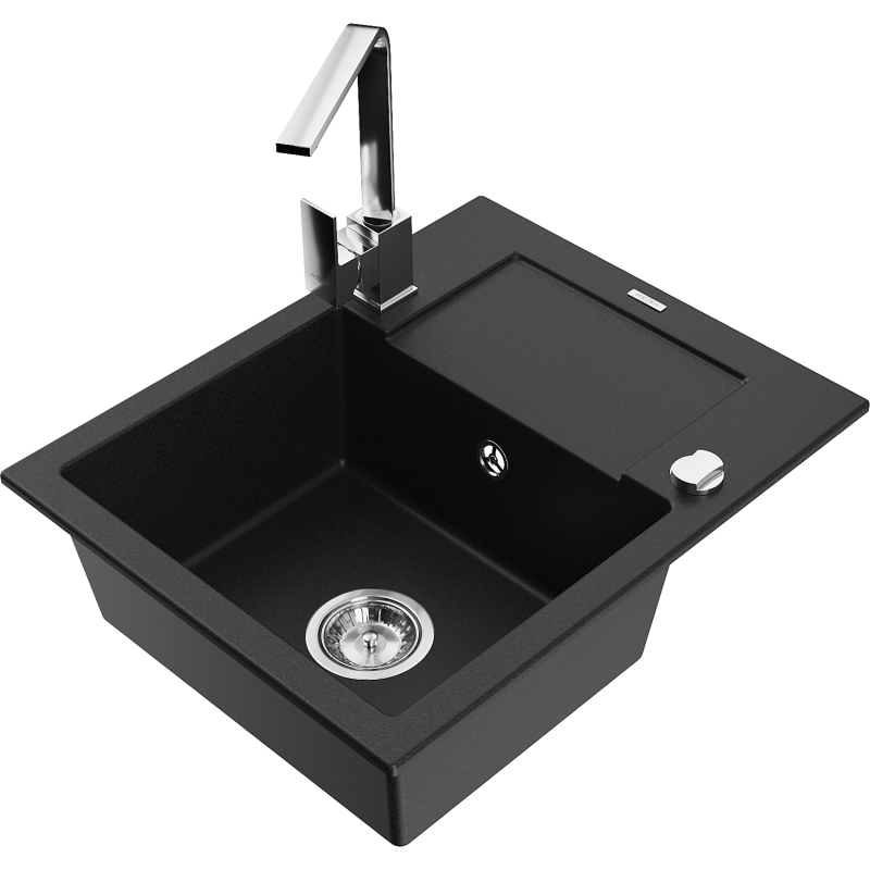 Mexen Enzo granite sink 1-bowl with drainer and Rita kitchen tap, black - 6506-77-670300-00