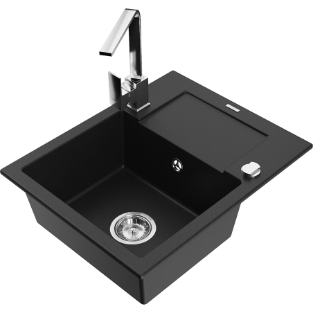 Mexen Enzo 1-bowl granite sink with drainer and Rita kitchen faucet, black - 6506-77-670300-00
