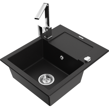 Mexen Enzo 1-compartment granite sink with a drip tray and kitchen mixer tap Rita, Black - 6506-77-670300-00