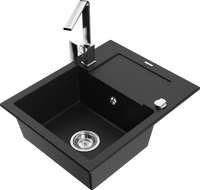 Mexen Enzo 1-bowl granite sink with drainer and Rita kitchen faucet, black - 6506-77-670300-00