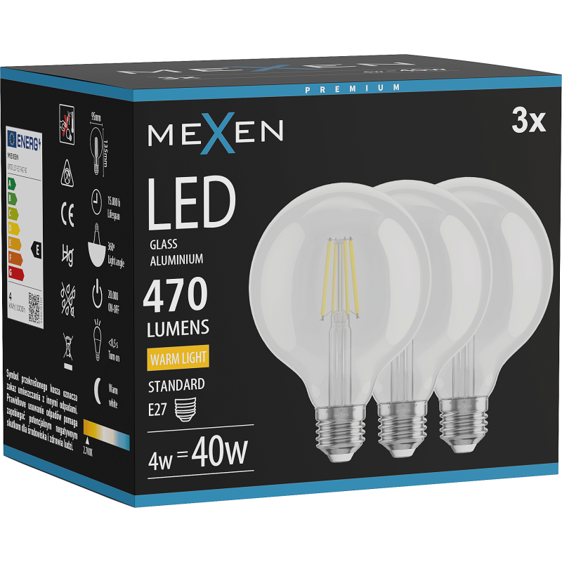 Mexen Vintis 3x LED Filament Bulb E27, G95, 4W, Warm - 2700K, 470 lm, clear - L157-E27-0427-00x03
