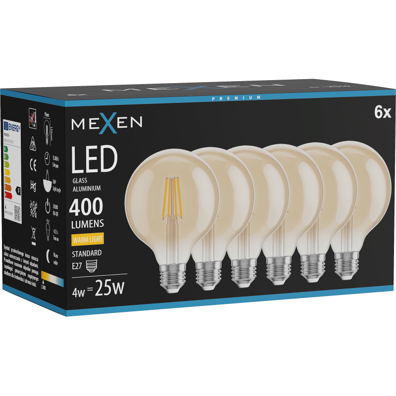 Mexen Vintis 6x LED Filament Bulb E27, G95, 4W, Warm - 2700K, 400 lm, amber - L157-E27-0427-50x06
