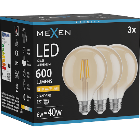 Mexen Vintis 3x LED Filament Bulb E27, G95, 6W, Warm - 2200K, 600 lm, amber - L157-E27-0622-50x03