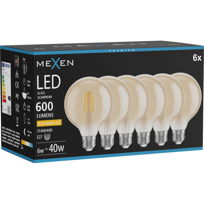 Mexen Vintis 6x filament LED bulb E27, G95, 6W, Warm - 2200K, 600 lm, amber - L157-E27-0622-50x06