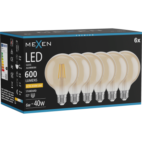 Mexen Vintis 6x filament LED bulb E27, G95, 6W, Warm - 2200K, 600 lm, amber - L157-E27-0622-50x06