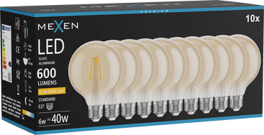 Mexen Vintis 10x LED Filament Bulb E27, G95, 6W, Warm - 2200K, 600 lm, amber - L157-E27-0622-50x10