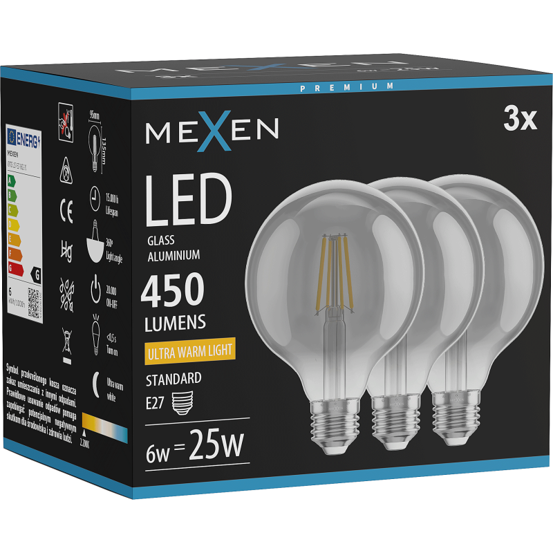 Mexen Vintis 3x Filament LED Bulb E27, G95, 6W, Warm - 2200K, 450 lm, smoke - L157-E27-0622-70x03