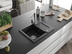 Mexen Enzo granite sink 1-bowl with drainer and Rita kitchen tap, black - 6506-77-670300-00