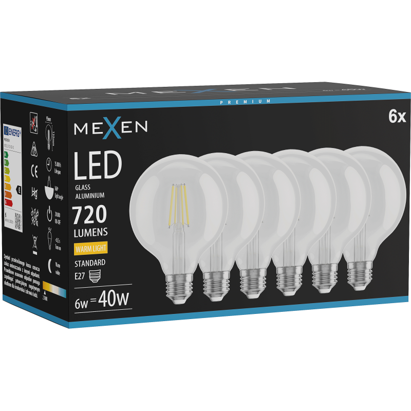 Mexen Vintis 6x Filament LED Bulb E27, G95, 6W, Warm - 2700K, 720 lm, clear - L157-E27-0627-00x06