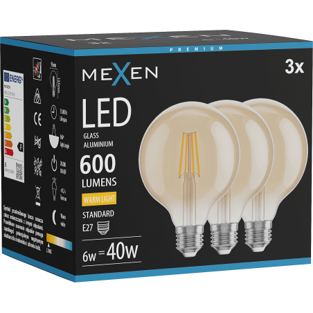 Mexen Vintis 3x LED filament bulb E27, G95, 6W, Warm - 2700K, 600 lm, amber - L157-E27-0627-50x03