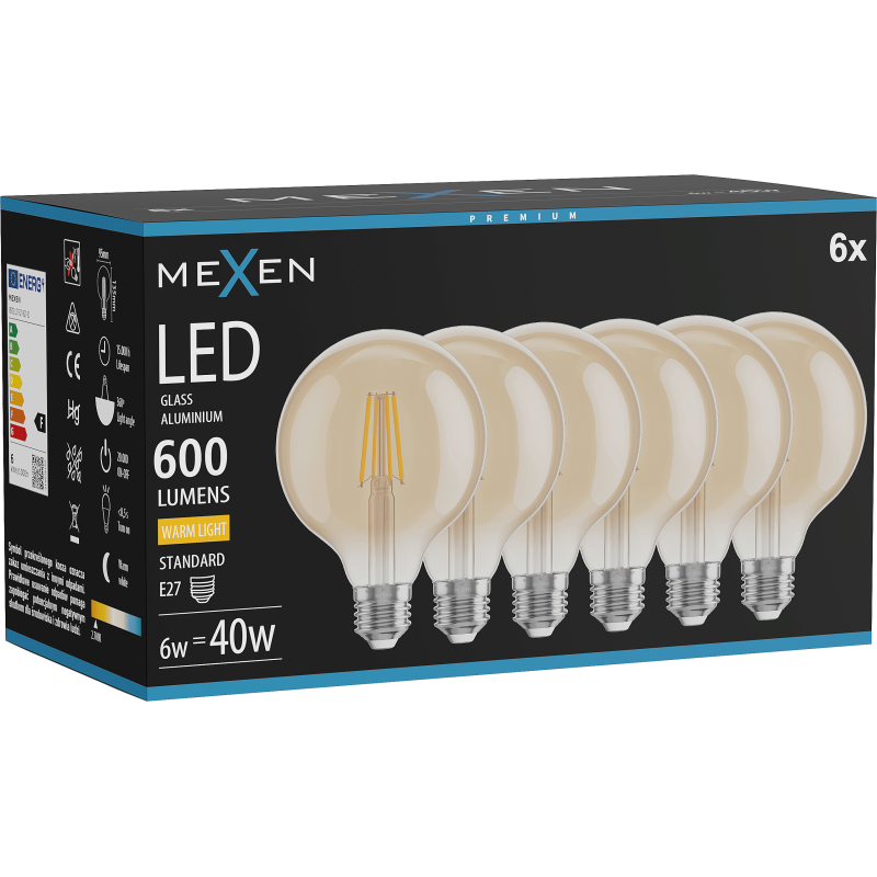 Mexen Vintis 6x LED Filament Bulb E27, G95, 6W, Warm - 2700K, 600 lm, amber - L157-E27-0627-50x06