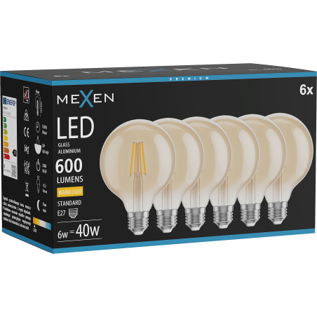Mexen Vintis 6x LED Filament Bulb E27, G95, 6W, Warm - 2700K, 600 lm, amber - L157-E27-0627-50x06