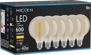 Mexen Vintis 6x LED Filament Bulb E27, G95, 6W, Warm - 2700K, 600 lm, amber - L157-E27-0627-50x06