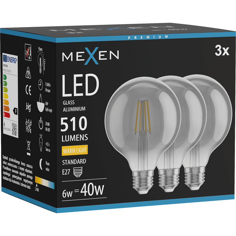 Mexen Vintis 3x LED Filament Bulb E27, G95, 6W, Warm - 2700K, 510 lm, smoke - L157-E27-0627-70x03