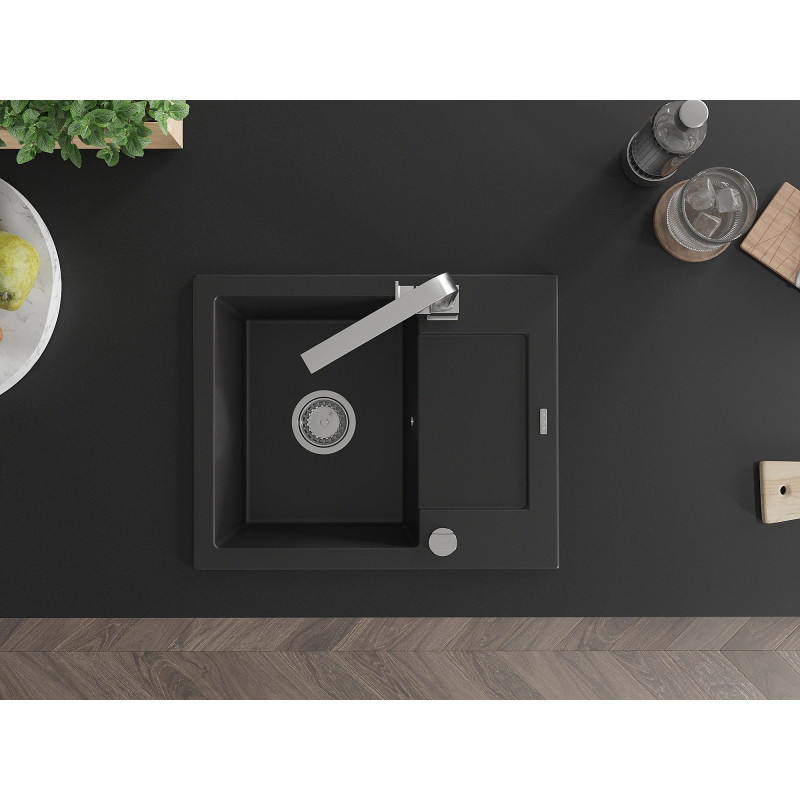 Mexen Enzo 1-bowl granite sink with drainer and Rita kitchen faucet, black - 6506-77-670300-00