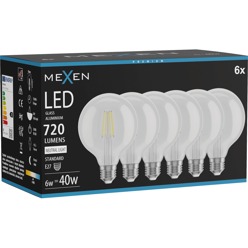 Mexen Vintis 6x LED Filament Bulb E27, G95, 6W, Neutral - 4000K, 720 lm, clear - L157-E27-0640-00x06