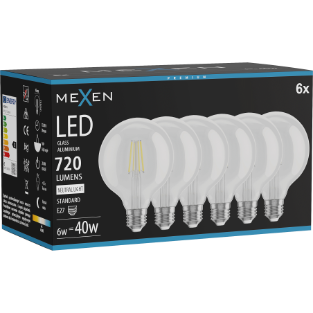 Mexen Vintis 6x LED Filament Bulb E27, G95, 6W, Neutral - 4000K, 720 lm, clear - L157-E27-0640-00x06