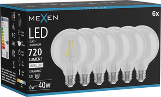 Mexen Vintis 6x LED Filament Bulb E27, G95, 6W, Neutral - 4000K, 720 lm, clear - L157-E27-0640-00x06