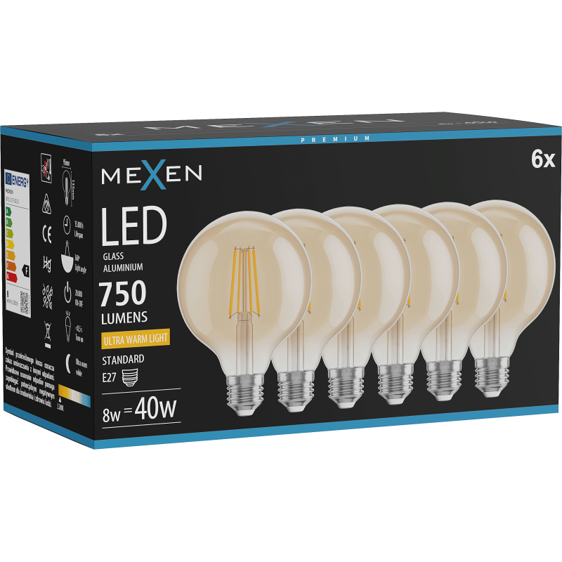 Mexen Vintis 6x LED Filament Bulb E27, G95, 8W, Warm - 2200K, 750 lm, amber - L157-E27-0822-50x06