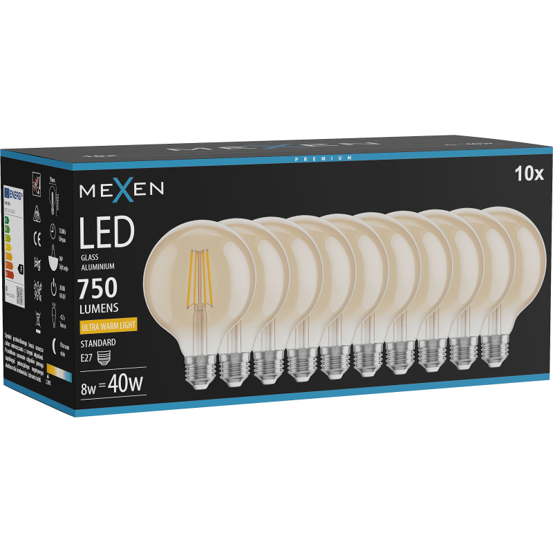 Mexen Vintis 10x LED Filament Bulb E27, G95, 8W, Warm - 2200K, 750 lm, amber - L157-E27-0822-50x10