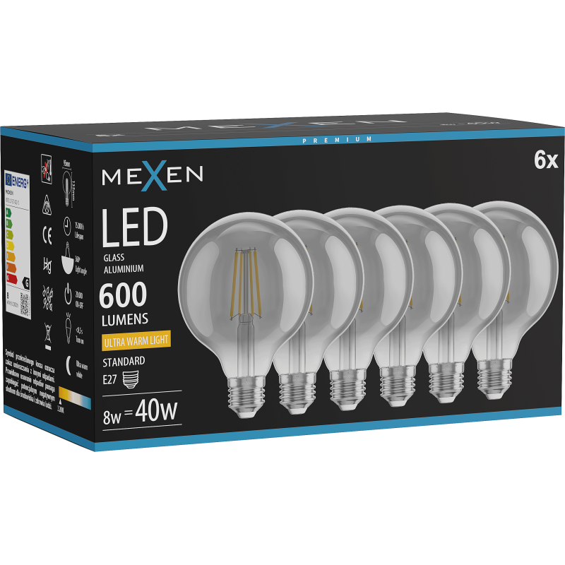 Mexen Vintis 6x LED Filament Bulb E27, G95, 8W, Warm - 2200K, 600 lm, smoke - L157-E27-0822-70x06