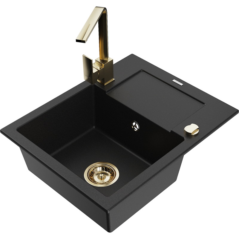 Mexen Enzo granite sink with 1 compartment, drainer, and kitchen faucet Rita, black - 6506-77-670300-50
