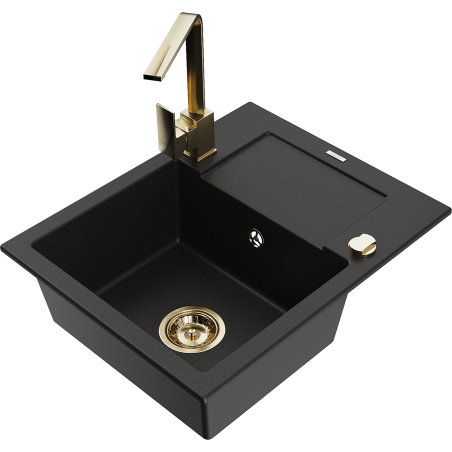 Mexen Enzo 1-compartment granite sink with a drip tray and kitchen mixer tap Rita, Black - 6506-77-670300-50
