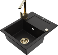 Mexen Enzo 1-compartment granite sink with a drip tray and kitchen mixer tap Rita, Black - 6506-77-670300-50