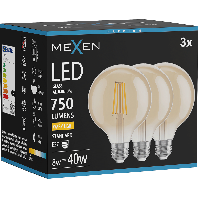 Mexen Vintis 3x LED Filament Bulb E27, G95, 8W, Warm - 2700K, 750 lm, amber - L157-E27-0827-50x03