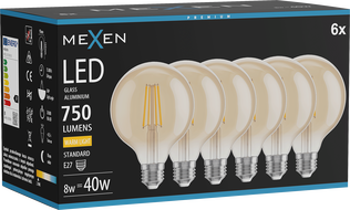 Mexen Vintis 6x LED Filament Bulb E27, G95, 8W, Warm - 2700K, 750 lm, amber - L157-E27-0827-50x06